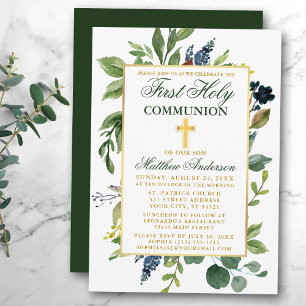Convites Watercolor Greenery Dourado Primeira Comunhão Sant