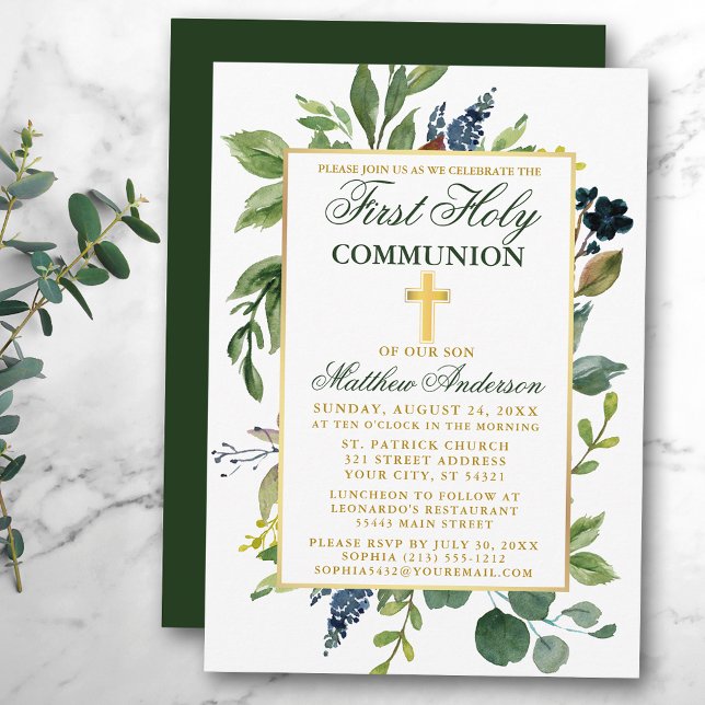 Convites Watercolor Greenery Dourado Primeira Comunhão Sant (Customize to change text color,  size, style or to change color of back of card.)