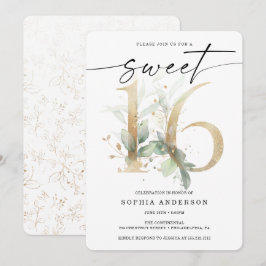 Convites Watercolor Greenery Dourado Sweet 16 Aniversário