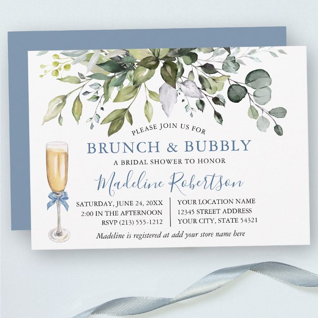 Convites Watercolor Greenery Dusty Blue Bridal Brunch (Customize to change text color, text style or color of back of card.)