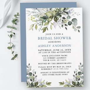 Convites Watercolor Greenery Dusty Blue Bridal Shower