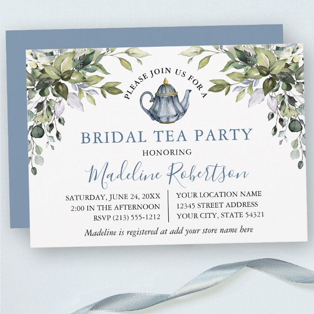 Convites Watercolor Greenery Dusty Blue Bridal Tea Party (Customize to change text color, text style or color of back of card.)