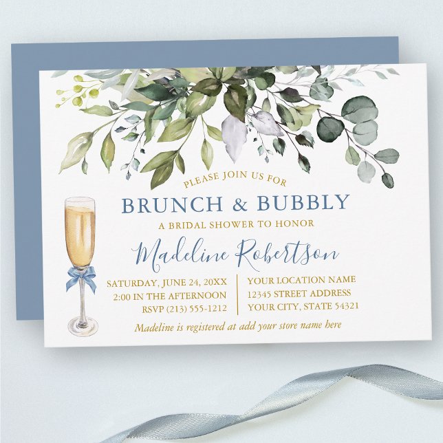 Convites Watercolor Greenery Dusty Blue Dourado Bridal Brun (Customize to change text color, text style or color of back of card.)