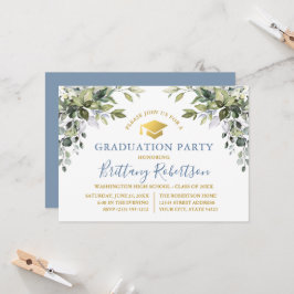 Convites Watercolor Greenery Dusty Blue Dourado Party