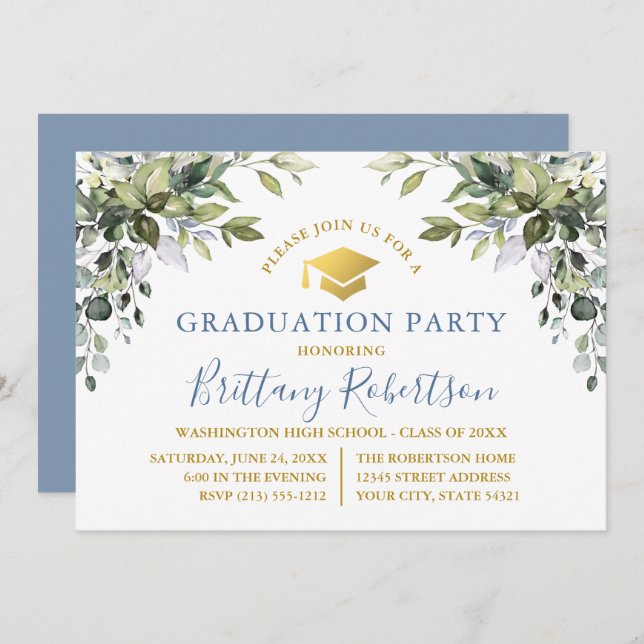Convites Watercolor Greenery Dusty Blue Dourado Party (Frente/Verso)