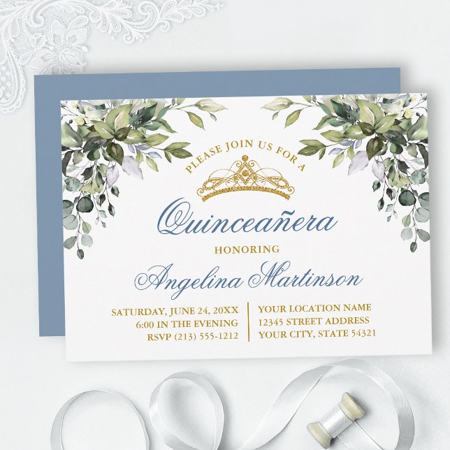 Convites Watercolor Greenery Dusty Blue Quinceanera Party (Customize to change text color, style, add text & photos to back or change color of back of card.)