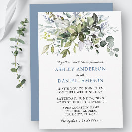 Convites Watercolor Greenery Dusty Blue Weding