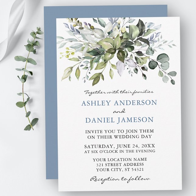 Convites Watercolor Greenery Dusty Blue Weding (Customize to change text color, style, add text & photos to back or change color of back of card.)