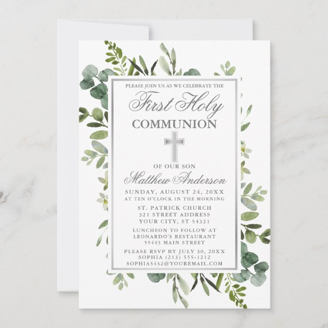 Convites Watercolor Greenery First Communion Silver (Frente)