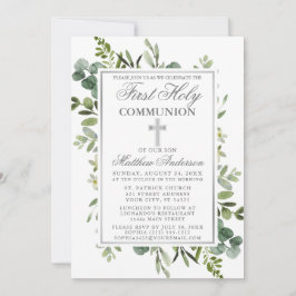 Convites Watercolor Greenery First Communion Silver
