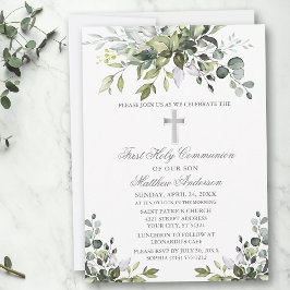 Convites Watercolor Greenery First Communion Silver