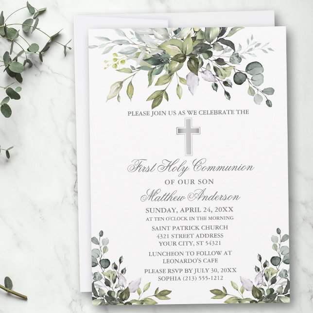 Convites Watercolor Greenery First Communion Silver (Customize to change text color, size, style or to add photos or more text to back of card.)