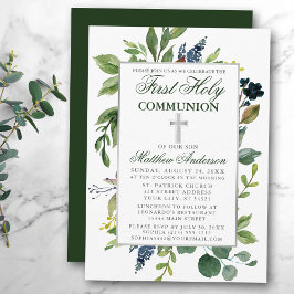 Convites Watercolor Greenery First Santa Communion Silver
