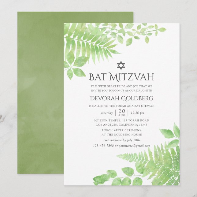 Convites Watercolor Greenery Foliage Bat Mitzvah (Frente/Verso)