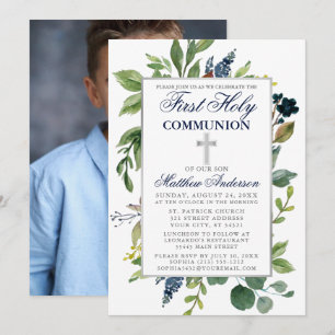 Convites Watercolor Greenery Foto da Primeira Comunhão Sag