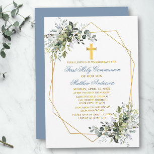 Convites Watercolor Greenery Geo Frame Dusty Comunhão Azul