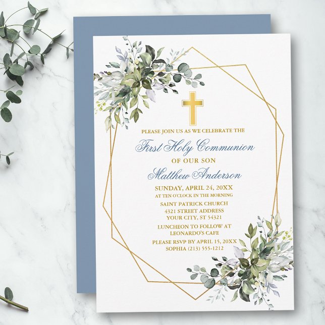 Convites Watercolor Greenery Geo Frame Dusty Comunhão Azul (Customize to change text color, size, style or to change color of back of card.)