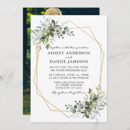 Convites Watercolor Greenery Geo Frame Foto de Casamento