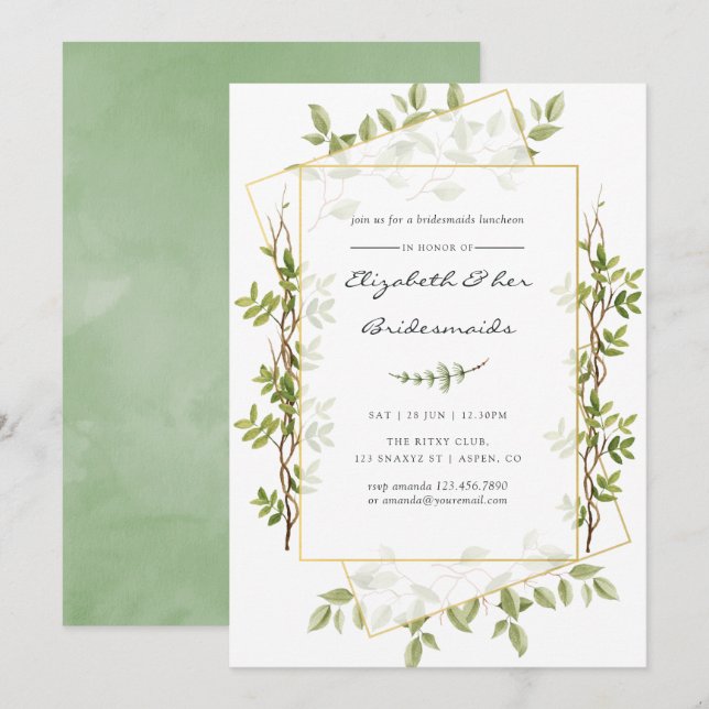 Convites Watercolor Greenery Geométrico Bridesmaids Luncheo (Frente/Verso)