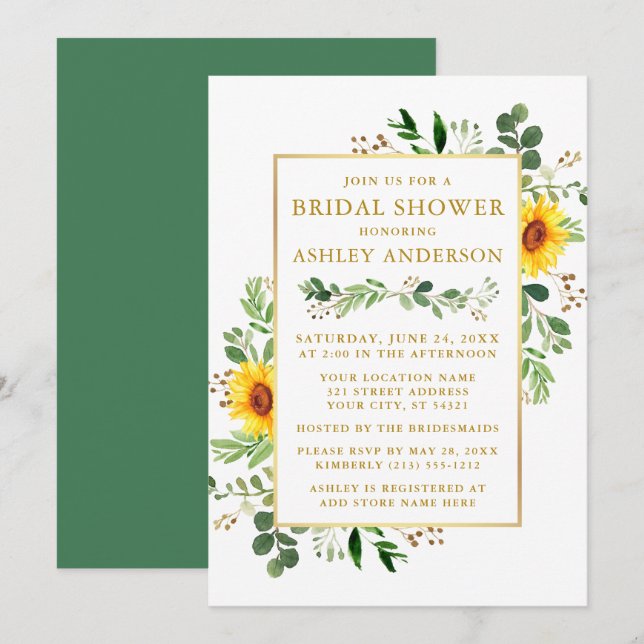 Convites Watercolor Greenery Girassóis Chá de panela Dourad (Frente/Verso)