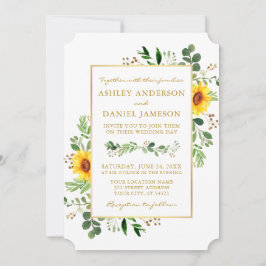 Convites Watercolor Greenery Girassóis Dourado Casamento