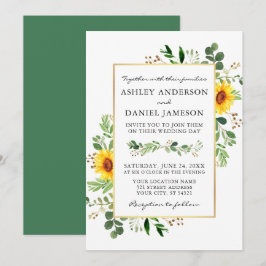 Convites Watercolor Greenery Girassóis Dourado Casamento