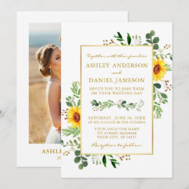 Convites Watercolor Greenery Girassóis Foto Dourada Casamen