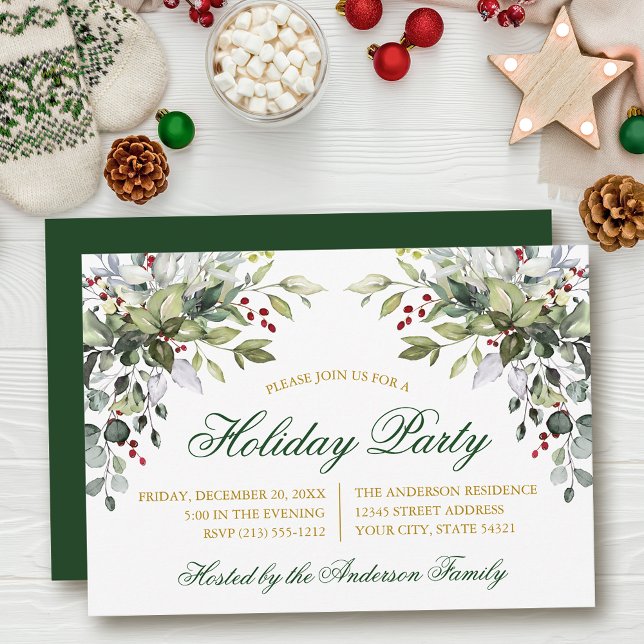 Convites Watercolor Greenery Holly Dourado Feriado (Customize to change text size, color, style or to change color of back of card.)