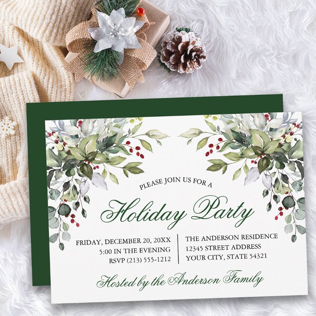 Convites Watercolor Greenery Holly Holiday Party (Customize to change text size, color, style or to change color of back of card.)