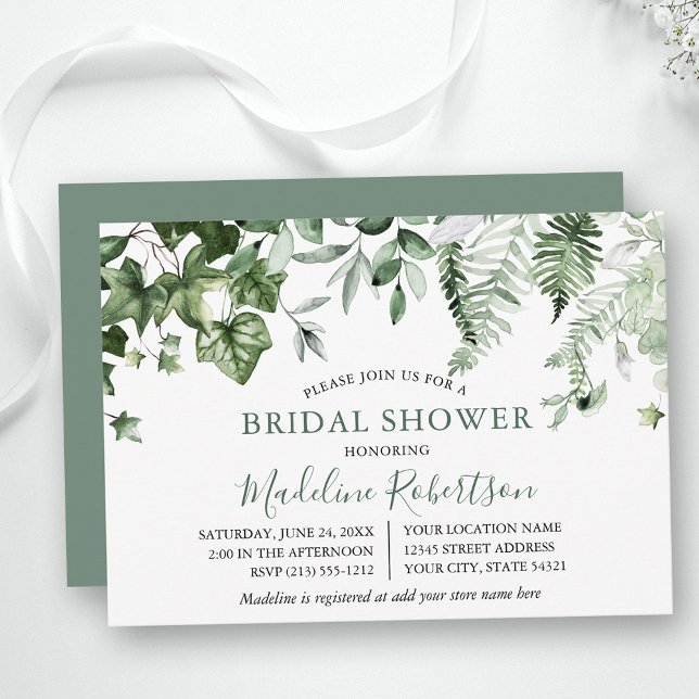 Convites Watercolor Greenery Ivy Ferns Sage Chá Verde (Customize to change text size, style or color of back of card.)
