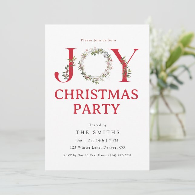 Convites Watercolor Greenery JOY Christmas Party Invitation (Em pé/Frente)