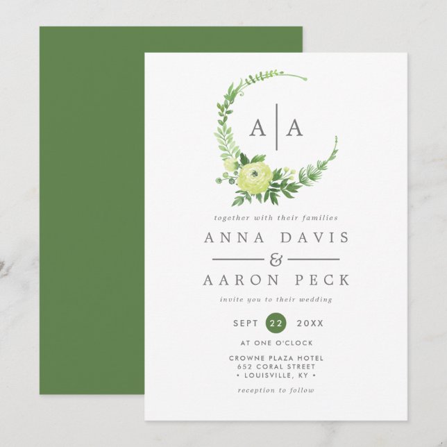Convites Watercolor Greenery Monograma Wreath Casamento (Frente/Verso)