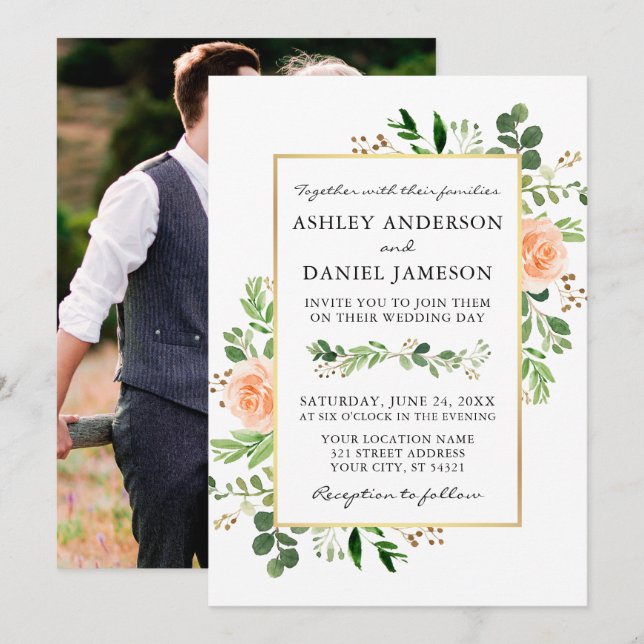 Convites Watercolor Greenery Peach Foto de Rosa Back Casame (Frente/Verso)