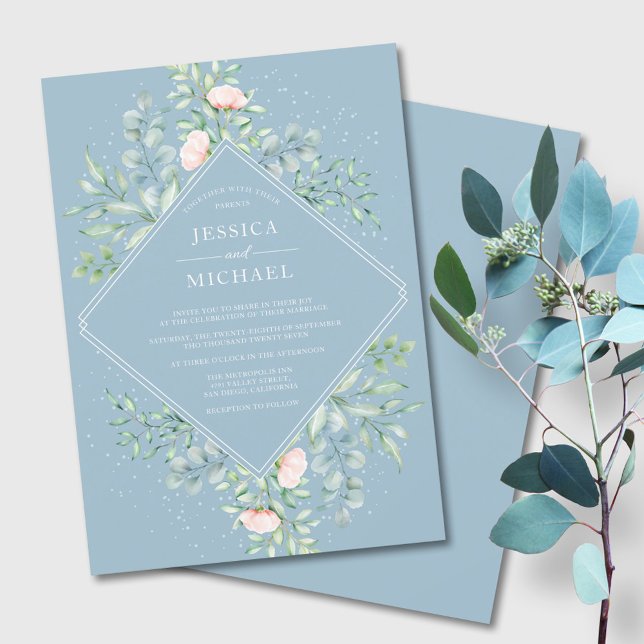 Convites Watercolor Greenery Peach Rosas Dusty Blue Weding (Criador carregado)