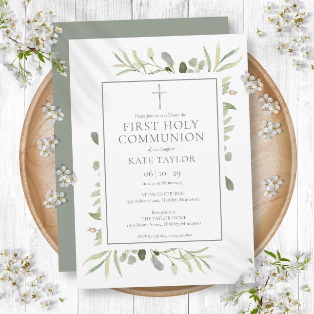 Convites Watercolor Greenery Primeira Comunhão Santa (Watercolor Greenery First Holy Communion Invitation)