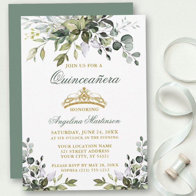 Convites Watercolor Greenery Quinceañera Sage Verde Dourado (Customize to change text color, style, add text & photos to back or change color of back of card.)