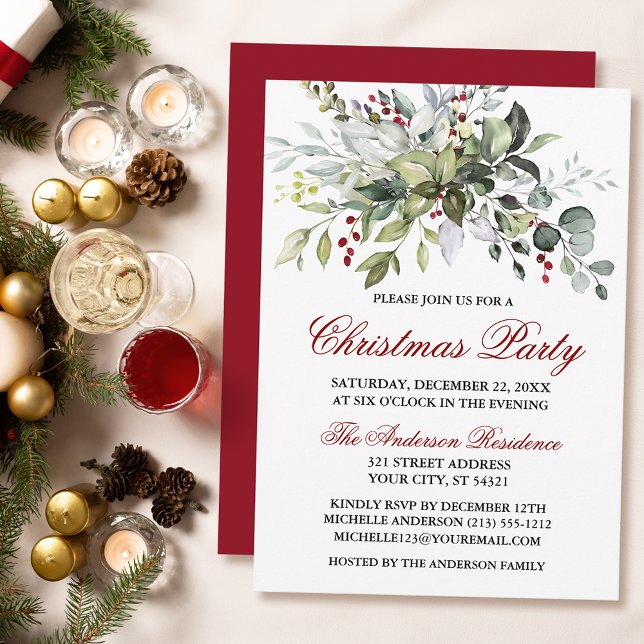 Convites Watercolor Greenery Red Berries Festa de Natal (Customize to change text color, size, style or to change color of back of card.)