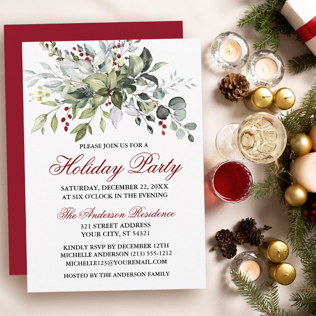 Convites Watercolor Greenery Red Berries Foliday Party Red  (Customize to change text color, size, style or to change color of back of card.)
