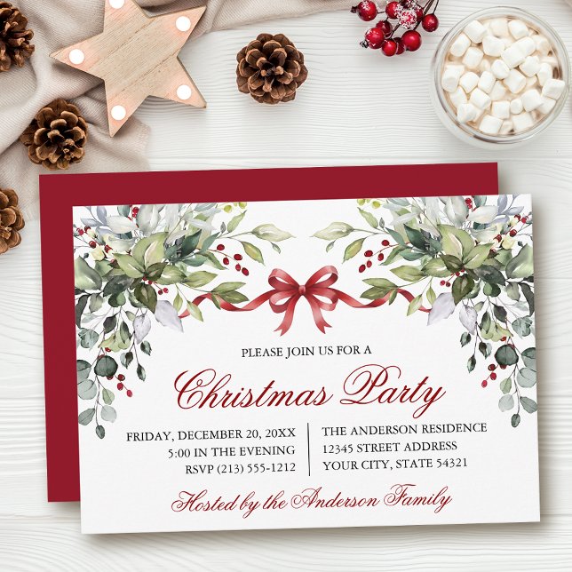 Convites Watercolor Greenery Red Bow Christmas Party (Customize to change text size, color, style or to change color of back of card.)