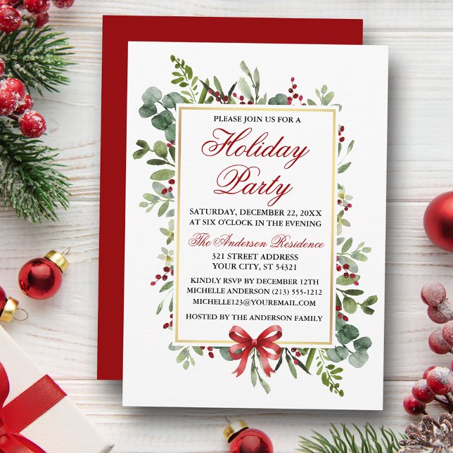 Convites Watercolor Greenery Red Bow Holiday Party (Customize to change color of back of card.)
