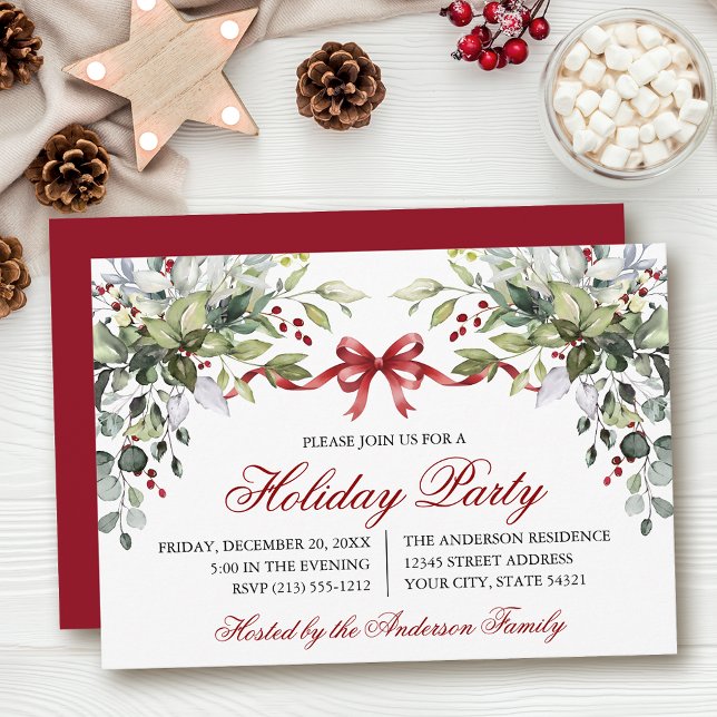 Convites Watercolor Greenery Red Bow Holiday Party (Customize to change text size, color, style or to change color of back of card.)