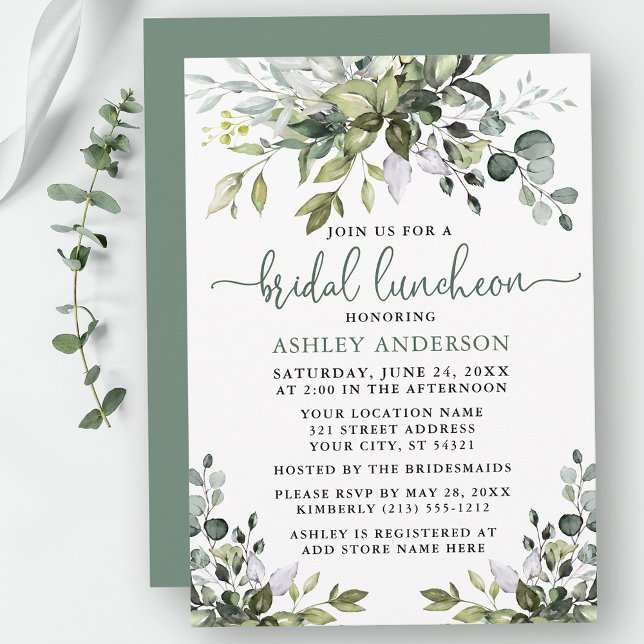 Convites Watercolor Greenery Sage Green Bridal (Customize to change your personalized text color, text style or color of back of card.)