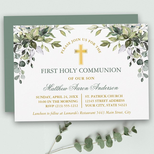Convites Watercolor Greenery Sage Green Gold Communion (Customize to change text color, text style or color of back of card.)