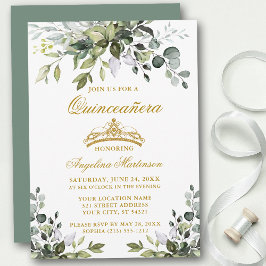 Convites Watercolor Greenery Sage Green Quinceañera Dourada