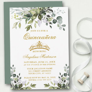Convites Watercolor Greenery Sage Green Quinceañera Dourada