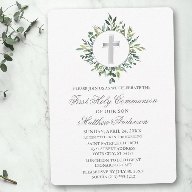 Convites Watercolor Greenery Silver Cross First Community (Customize to change text color, size, style or to add photos or more text to back of card.)