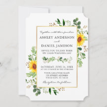 Watercolor Greenery Sunflower Casamento Dourado