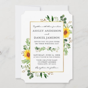 Convites Watercolor Greenery Sunflower Casamento Dourado