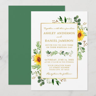 Convites Watercolor Greenery Sunflower Casamento Dourado
