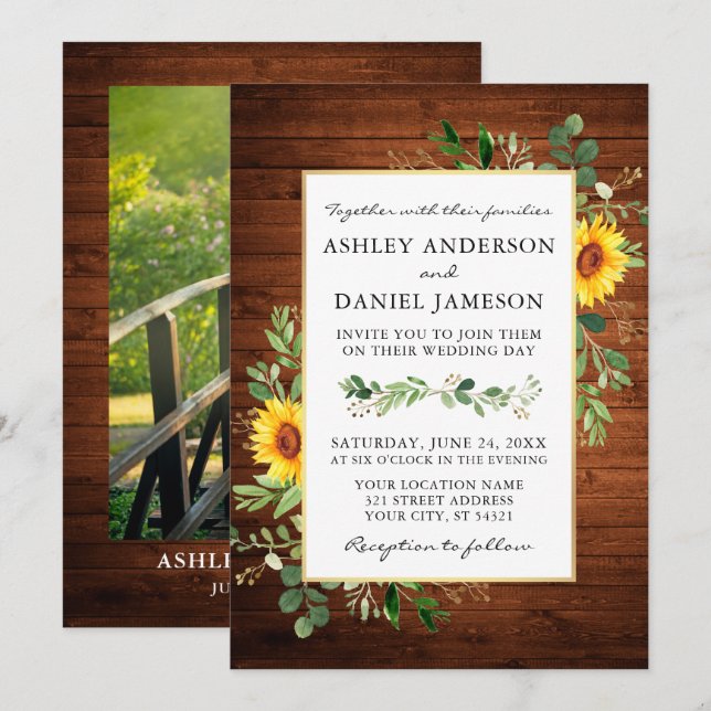 Convites Watercolor Greenery Sunflower Wood Foto Casamento (Frente/Verso)
